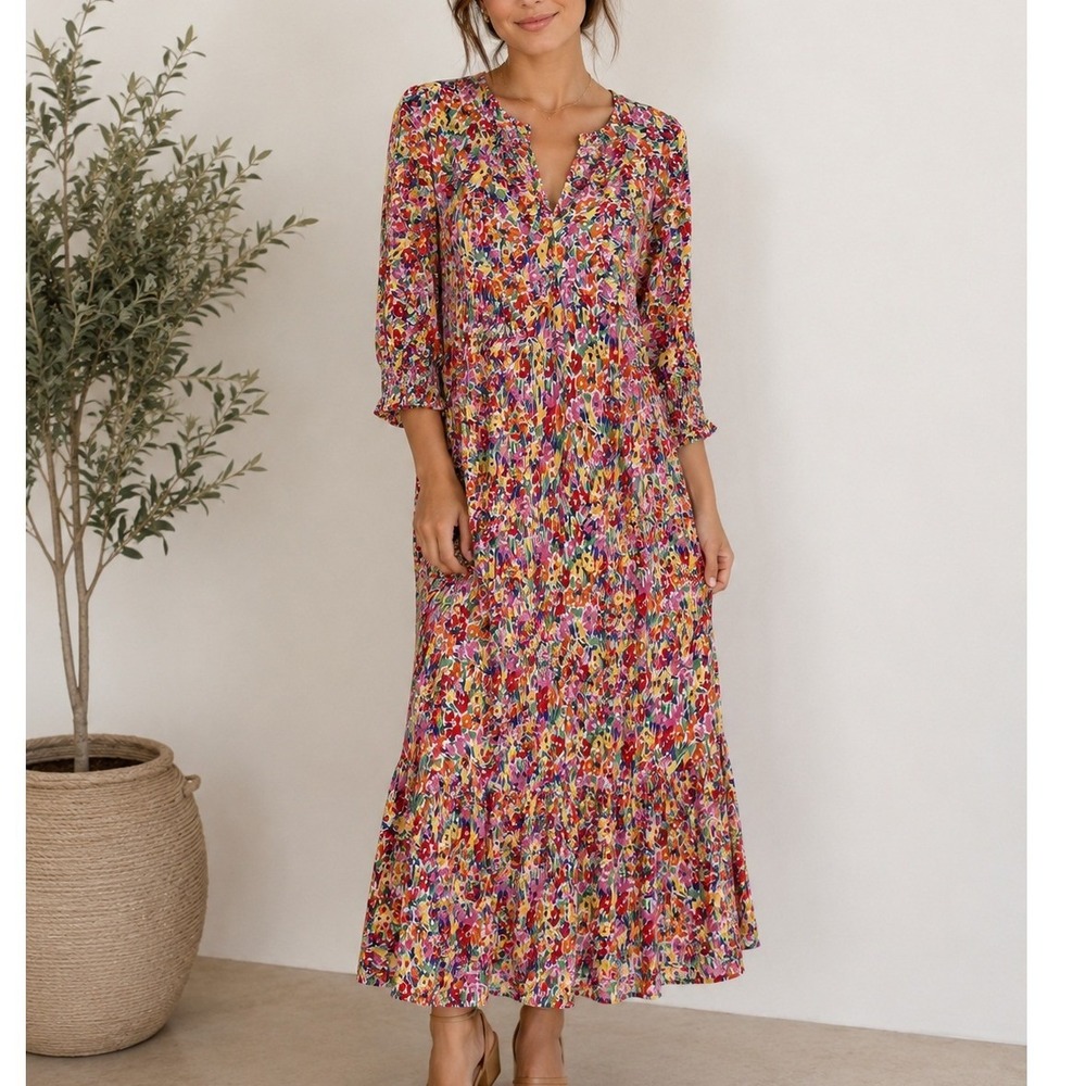 Floral V-Neck Maxi Dress - Pink Multi